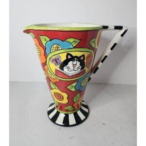 Catzilla Cat Design Pedestal Pitcher By Candance Reiter Colorful Smiling Flowers